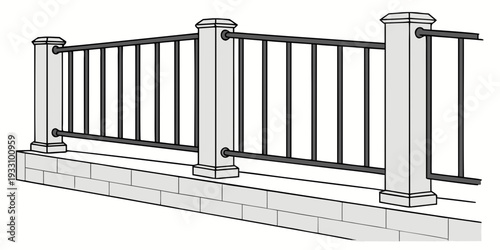 A detailed illustration of a sturdy metal fence with concrete pillars. Vector