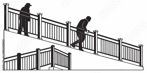 Three people walking down a set of stairs with railings on both sides Vector