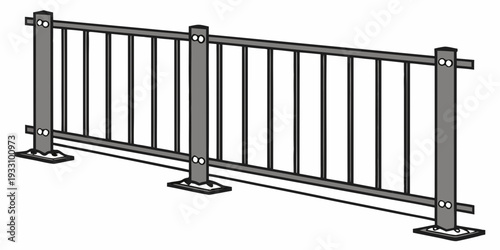 A modern metal fence with vertical bars and horizontal supports in a minimalist design. Vector