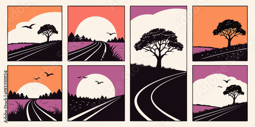 A vibrant collage of diverse landscapes and cityscapes under various lighting conditions Vector