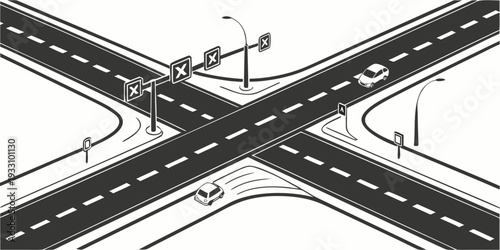 A detailed diagram of a complex intersection with multiple lanes and traffic signals. Vector