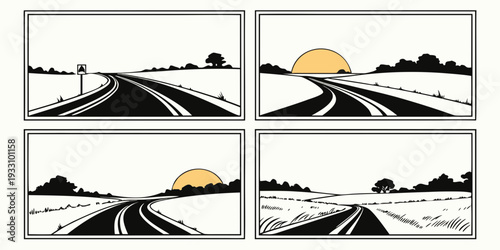 A series of four panels depicting a car's journey through a mountainous landscape Vector