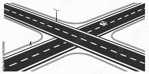 A detailed illustration of a complex intersection with multiple lanes and traffic signals Vector