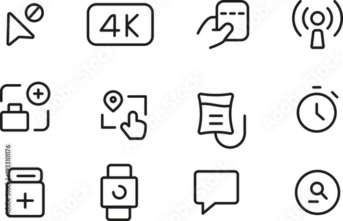 Media and content creation line icon set, video and UI action outline symbols