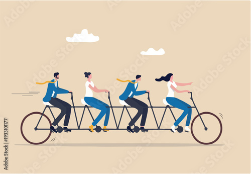 Teamwork working together for success, togetherness or cooperation, collaboration or support other to win together concept, business people employees on tandem bicycle forward metaphor of teamwork