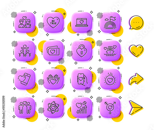 Honeymoon cruise, Love lock and Love tickets line icons. App 3d buttons. Social media comment, share, like icons. Pack of Be true, Lgbt, Inclusion icon. Heart, Heart beat, Atom pictogram. Vector