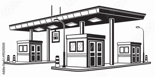 A vintage gas station with a canopy and multiple fuel pumps in the foreground Vector