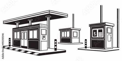 Vintage gas station with two attendants in uniforms standing by pumps Vector