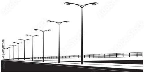 A series of street lights of varying heights along a road Vector