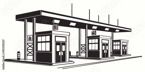 A black and white illustration of a gas station with multiple pumps and a canopy. Vector
