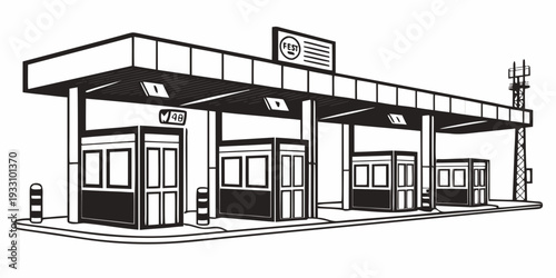 A black and white illustration of a large gas station with multiple pumps and a canopy. Vector