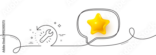 Recovery tool line icon. Continuous line with 3d star. Backup data sign. Restore information symbol. 3d star in speech bubble. Recovery tool single line ribbon. Loop curve pattern. Vector