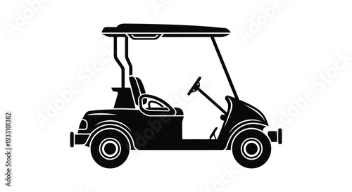 Black silhouette of a golf cart side view with visible wheels and seating