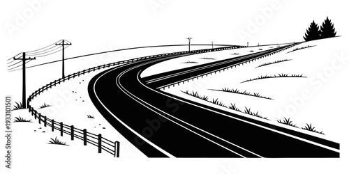 A winding road through a mountainous landscape with a fence and telephone pole Vector