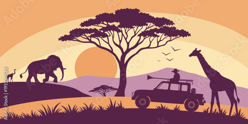 A vibrant sunset over the african savannah with elephants and acacia trees Vector