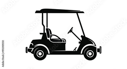 Black and white silhouette of a golf cart viewed from the side