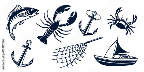 A collection of various types of fish and sea creatures in a whimsical illustration Vector