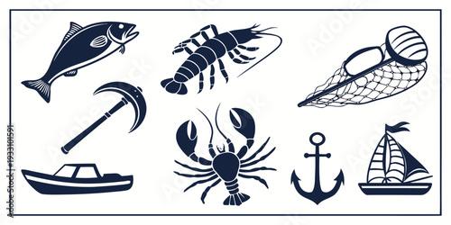 Assorted nautical and sea life icons including a boat, fish, and anchor. Vector