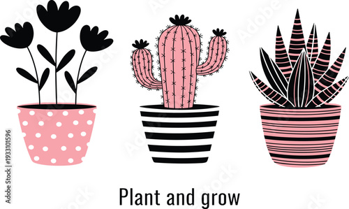 Minimalistic potted plants with cactus and flowers in black and pink striped pots flat vector illustration