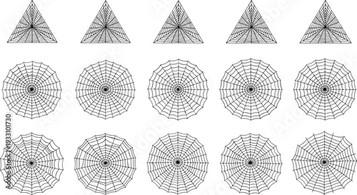 Geometric web patterns, triangular designs, circular symmetry, abstract shapes, tessellation art, vector illustration, black figures, white background, mathematical structure
