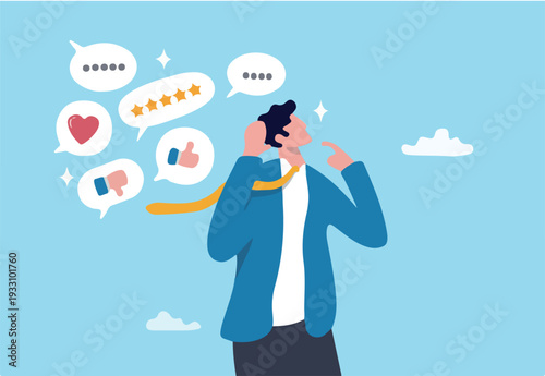 Listening to feedback, criticize message, customer advice or hearing client response, communication or answer, seek feedback concept, businessman listen to customer social media feedback expression