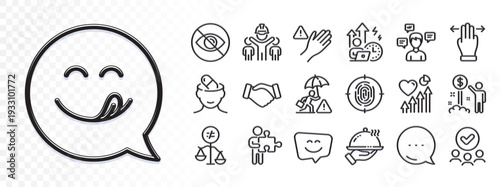 Puzzle, Not looking and Multitasking gesture line icons for web app. Glare of light effect. Message icon. Pack of Yummy smile, Approved group, Difficult stress pictogram icons. Vector