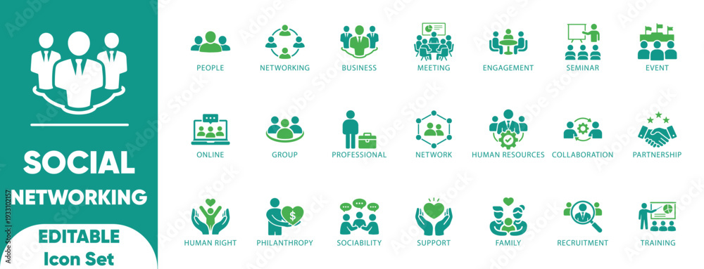 Fototapeta premium Social Networking Solid Icon Set. community, connection, collaboration, meeting, interact, join, meeting, networking, and editable icons. 