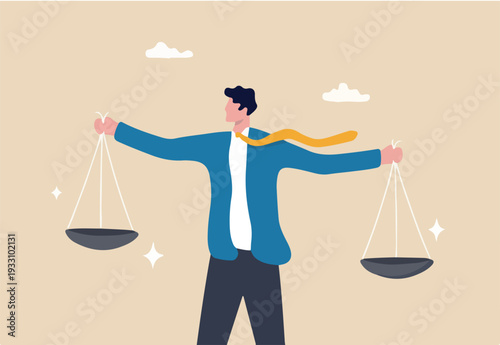 Comparison advantage and disadvantage, integrity or honest truth, pros and cons or measurement, judge or ethical, decision or balance concept, businessman comparing scale to be equal, fair me.