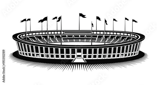 Black and white illustration of a large stadium with multiple flags waving