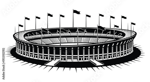 Black and white illustration of a circular stadium with waving flags