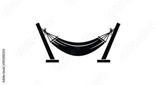 Simple black and white illustration of a hammock suspended between two wooden stands