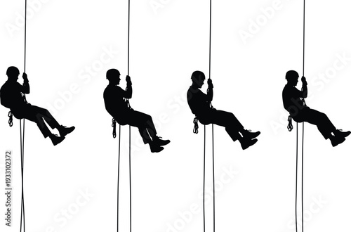 Rappelling silhouette illustration, vector climber descent, rope technique, adventure sport, mountain climbing, rescue training, military exercise, extreme outdoor activity, stock art