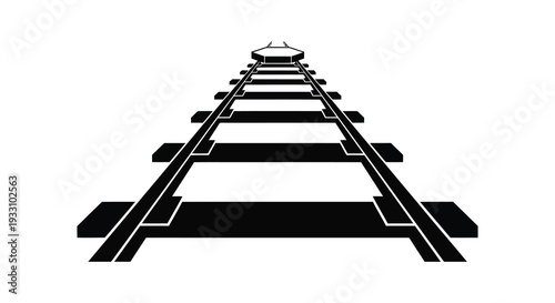 A black and white illustration of converging railroad tracks receding into the distance