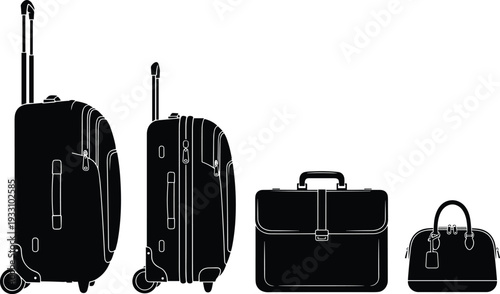 Travel luggage silhouettes, rolling suitcases, briefcase, handbag, business bag, vacation travel, vector illustration, black figures, white background, baggage collection