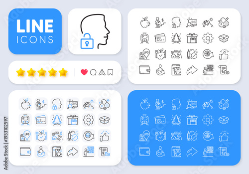 Fluorine mineral, Coffee maker and Food delivery line icons for web app. Message, Share, Like social media icons. Pack of Christmas tree, Money wallet, House security pictogram icons. Vector