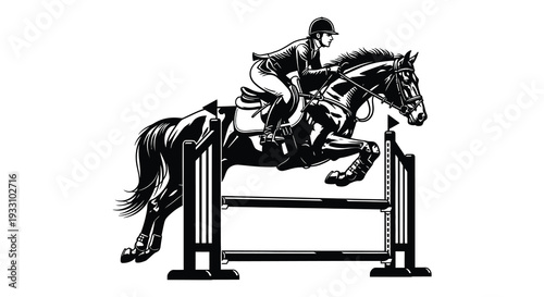 Equestrian show jumping a rider and horse clearing a fence in black and white