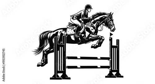 Equestrian show jumping a black and white illustration of a rider and horse