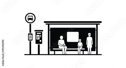 Simple black and white illustration of a bus stop with waiting passengers
