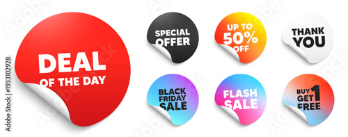 Day deal red sticker tag. Special offer paper price tags. Deal of the day tag. Special offer price sign. Advertising discounts symbol. Discount, black friday sticker. Promo banner. Vector
