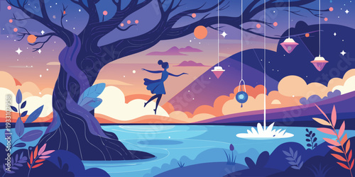 A whimsical illustration of a girl seemingly flying near a tree and water
