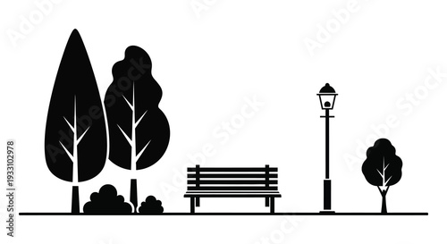Black and white illustration of trees a bench and a lamppost in a park