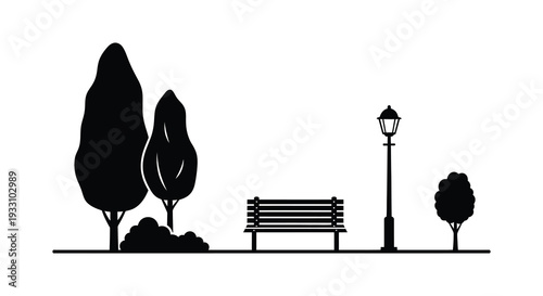Simple black silhouette of trees a park bench and a vintage street lamp