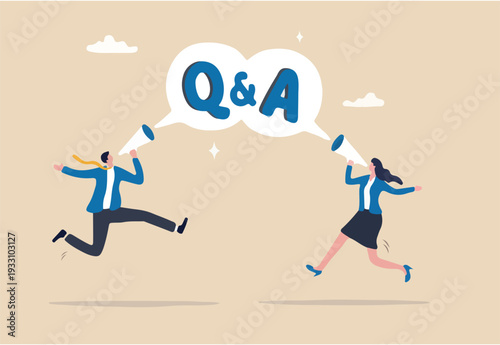 Q&A, question and answer session, FAQ or frequently asked questions, information to solve problem concept, businessman and woman shouting on megaphone as Q&A on speech bubble.