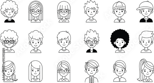 Cute cartoon character faces collection with diverse hairstyles glasses and accessories vector illustration