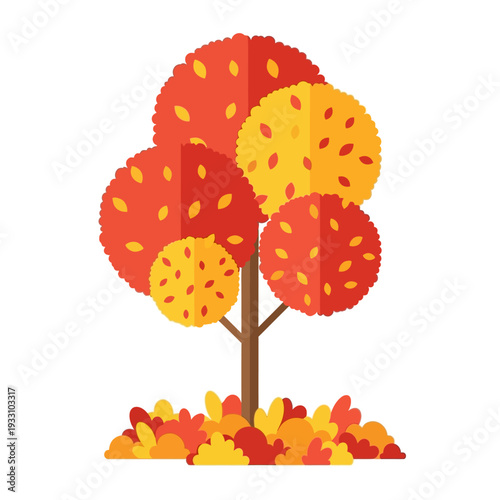 Autumn Tree with Colorful Falling Leaves in Flat Design Style