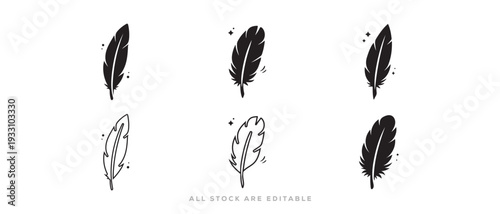 bird feather silhouette and outline icon collection. Solid Feather Clipart Vector , quill silhouette writing curves, vector illustration