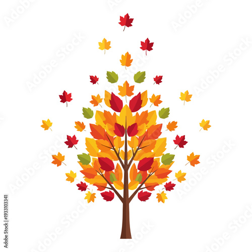 Autumn Tree with Falling Leaves in Red, Yellow, and Orange Colors