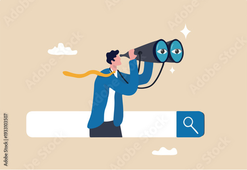 Search and discovery career or job opportunity, looking for job vacancy, marketing insight, find new success, research or observation concept, businessman look with spyglass, binoculars on se.