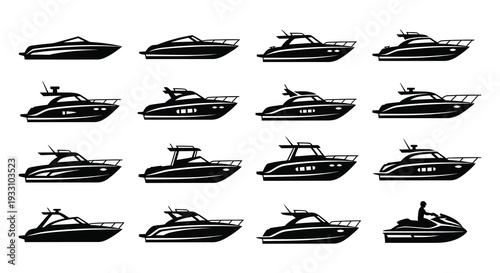 Collection of black silhouette yacht and speedboat icons in various styles