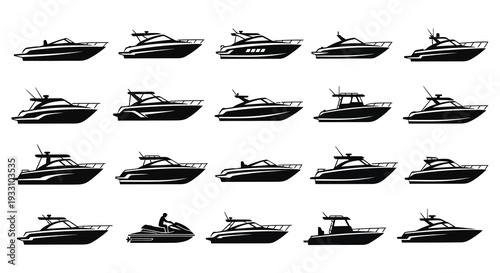 Black silhouettes of various motorboats and yachts arranged in rows